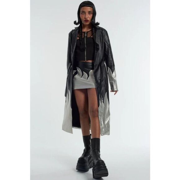 THE RAGGED PRIEST Immortal Coat 16 Silver Flames Faux Leather Trench Mall Goth - Picture 4 of 12